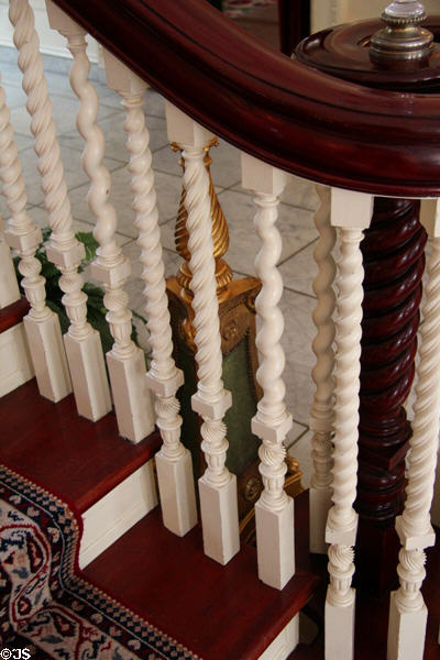 Variously carved rails on front staircase at Eastman House. Rochester, NY.
