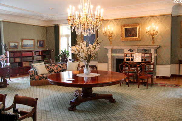 East Room which served as music room with green damask walls at Eastman House. Rochester, NY.