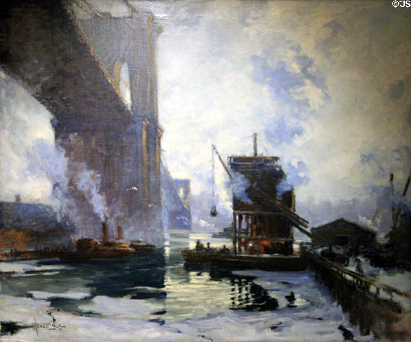 Morning on the River with Brooklyn Bridge painting (c1911-2) by Jonas Lie at Memorial Art Gallery. Rochester, NY.