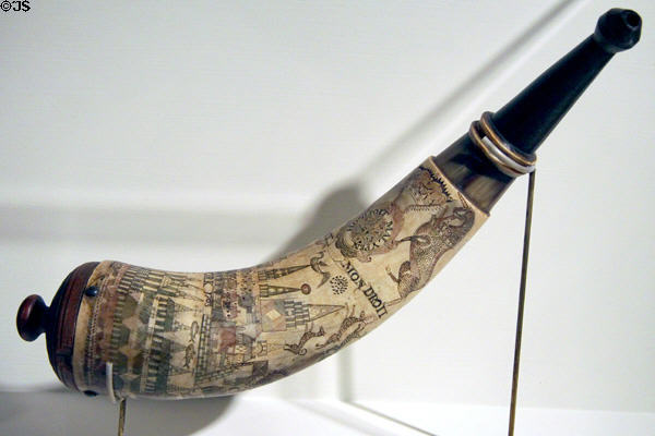 Colonial American powder horn with scrimshaw scenes of York (1703) at Memorial Art Gallery. Rochester, NY.