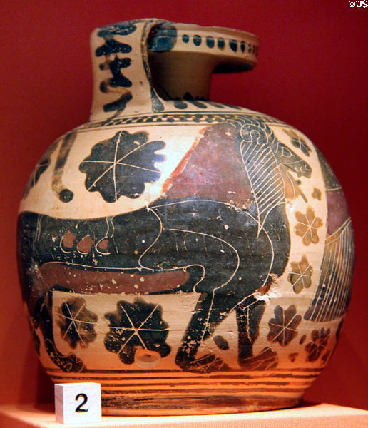 Greek terracotta aryballos (615-600 BCE) at Memorial Art Gallery. Rochester, NY.