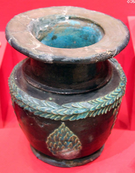 Roman glazed terracotta vase (1-99 CE) made in Egypt at Memorial Art Gallery. Rochester, NY.