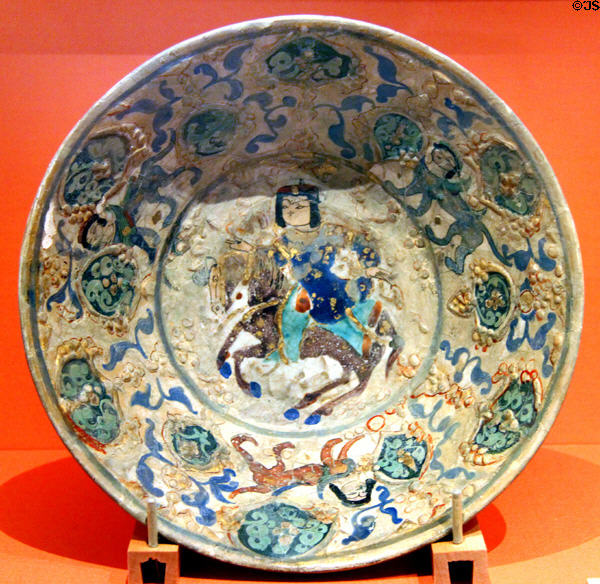 Persian ceramic bowl with horseman & sphinxes (1150-99 CE) at Memorial Art Gallery. Rochester, NY.