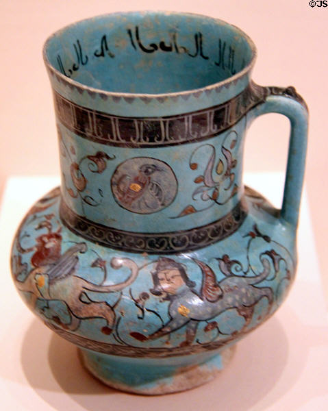 Persian ceramic pitcher with sphinxes (1200-99 CE) at Memorial Art Gallery. Rochester, NY.