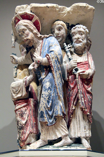 French limestone sculpture (early 1200s) with Christ & Doubting Thomas at Memorial Art Gallery. Rochester, NY.