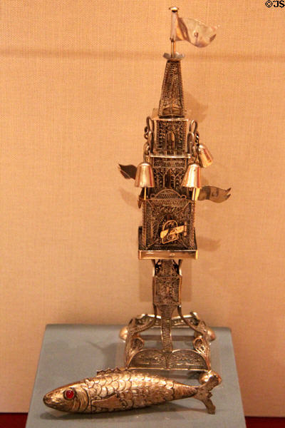 Silver spice containers from Austria or Germany in shape of tower (1867-1922) & fish (1800) at Memorial Art Gallery. Rochester, NY.
