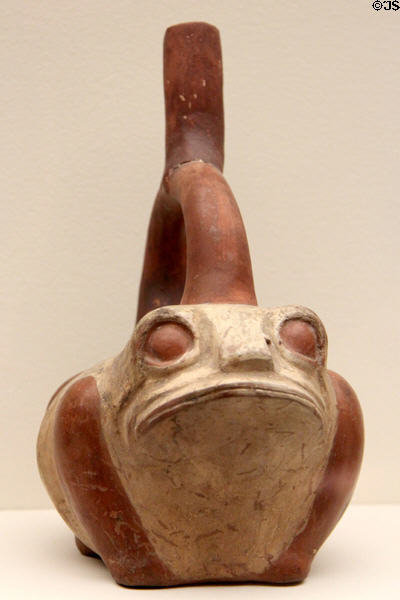 Moche terracotta stirrup vessel in form of frog (c300-450) from North Coast of Peru at Memorial Art Gallery. Rochester, NY.