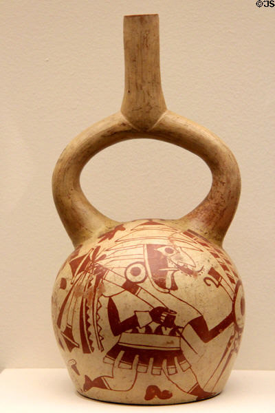 Moche terracotta stirrup vessel with warriors (c450-600) from North Coast of Peru at Memorial Art Gallery. Rochester, NY.