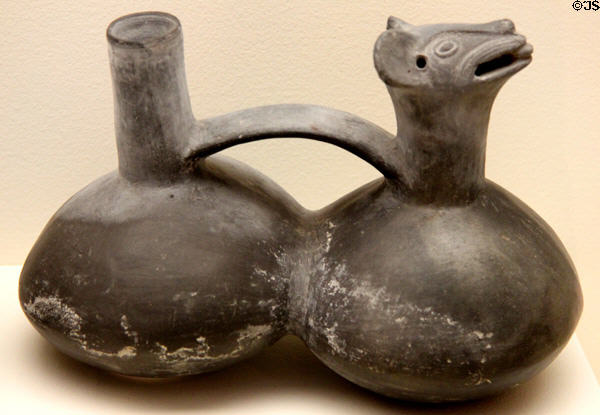 Chimú culture double-chambered spout & bridge blackware vessel with llama or alpaca head (c1350-1470) from North Coast of Peru at Memorial Art Gallery. Rochester, NY.