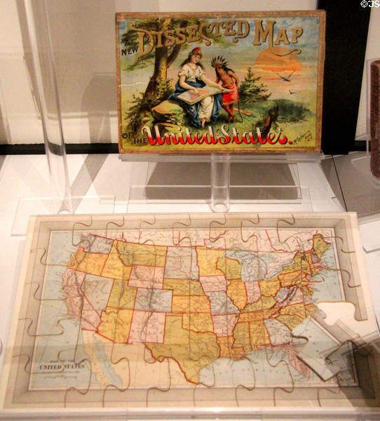 Dissected Map of the United States by McLoughlin Bros. of NY, among first generation of jigsaw puzzles, at The Strong National Museum of Play. Rochester, NY.