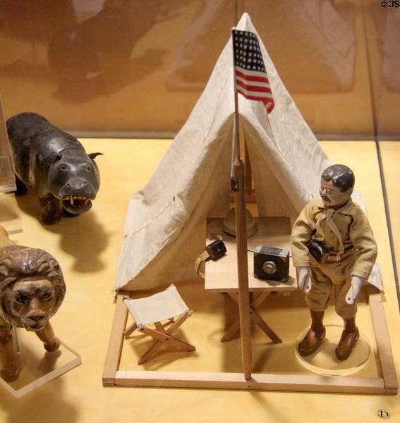 Toy model of Teddy Roosevelt in camp during African exploration (c1909) at The Strong National Museum of Play. Rochester, NY.