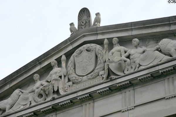 Neoclassical frieze detail of Rush Rhees Library facade (1927) at University of Rochester. Rochester, NY.
