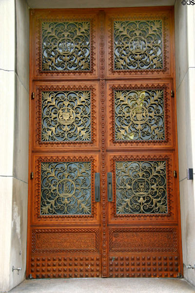 Entrance door of Rush Rhees Library facade (1927) at University of Rochester. Rochester, NY.