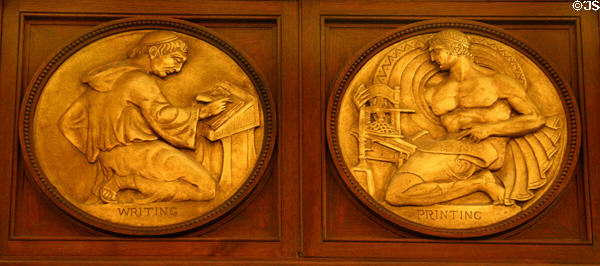 Relief roundels showing writing & printing history on Rush Rhees Library facade (1927) at University of Rochester. Rochester, NY.