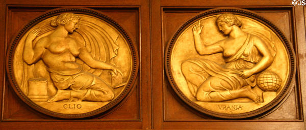 Relief roundels showing Clio & Urania muses on Rush Rhees Library facade (1927) at University of Rochester. Rochester, NY.