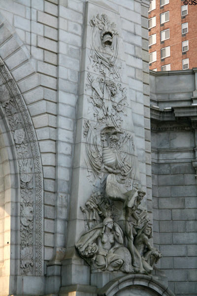 Spirit of Commerce (1914) relief by Carl A. Heber on Manhattan Bridge Arch. New York, NY.