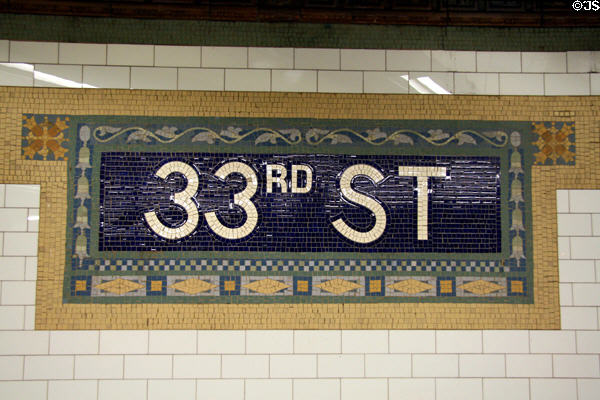 33rd St. subway mosaic station marker. New York, NY.