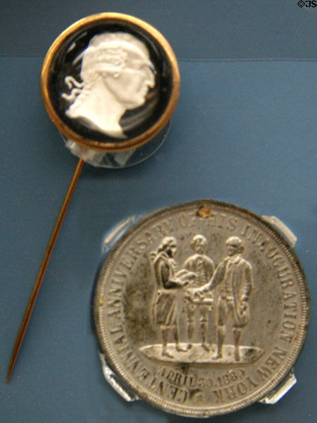 Washington Inaugural Centenary medal (April 30, 1889) & pin at Federal Hall. New York, NY.