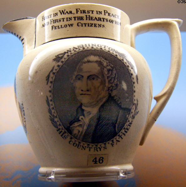 Pitcher with image of George Washington, made in England (1824) to mark visit of General Lafayette to USA at Federal Hall. New York, NY.