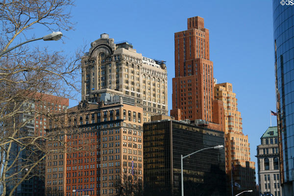 Whitehall & annex, Downtown Club (red), Le Rivage Apartments (tan) & other buildings over Battery Park. New York, NY.