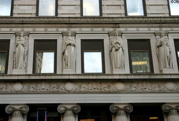 Details of sculpted female figures by John Massey Rhind on Bank of Tokyo (former American Surety Co.) building. New York, NY.