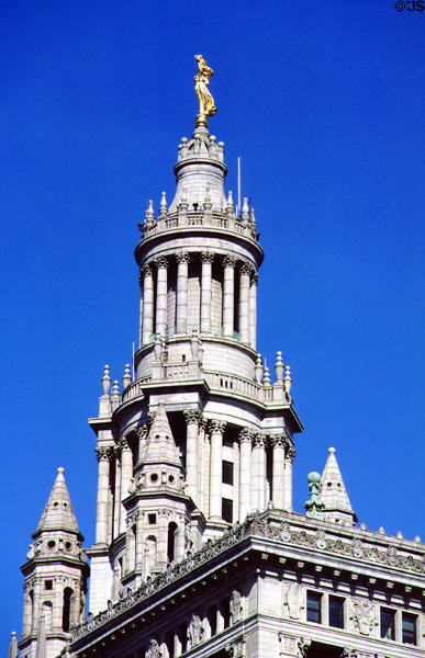 Crown of Municipal Building with Civic Fame sculpture (1914) by Adolph Weinman. New York, NY.