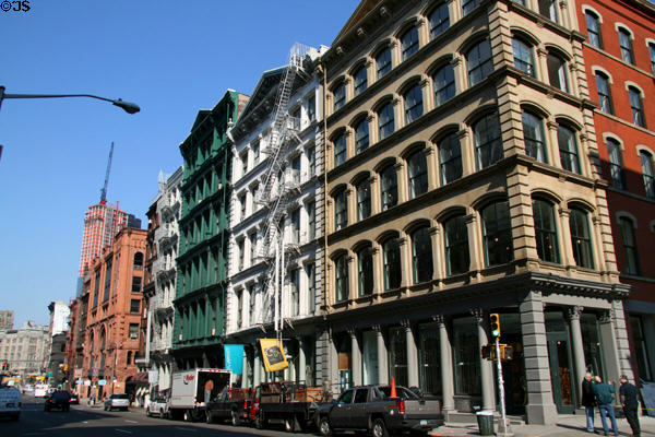 Streetscape of heritage building (c1885) along Broome St. from Greene St. in Soho. New York, NY.