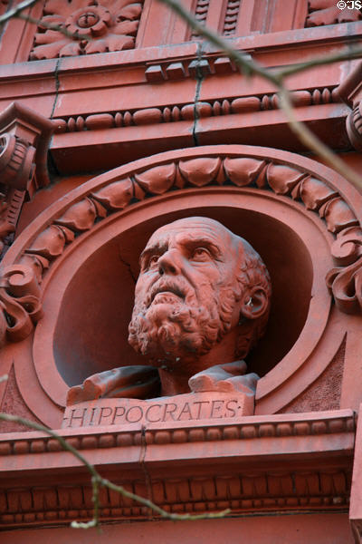 Terra cotta bust of Hippocrates on Deutsches Dispensary. New York, NY.