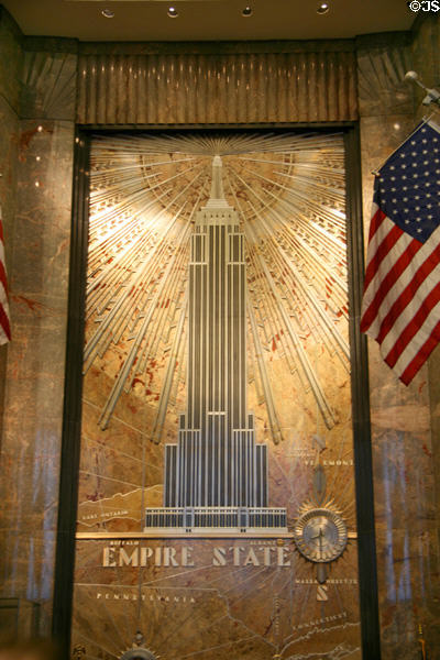 Lobby artwork showing map & Empire State Building. New York, NY.