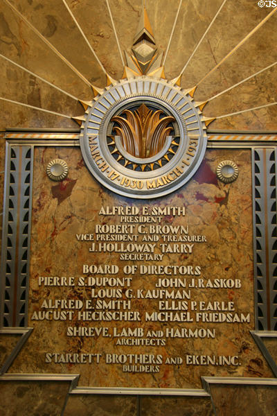 Dedication plaque in lobby of Empire State Building. New York, NY.
