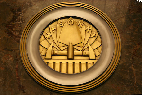 Masonry plaque in lobby of Empire State Building. New York, NY.