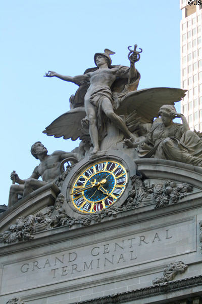 Glory of Commerce [aka Hermes or Mercury] sculpture group (1914) by Jules-Felix Coutan atop Grand Central Terminal. New York, NY.