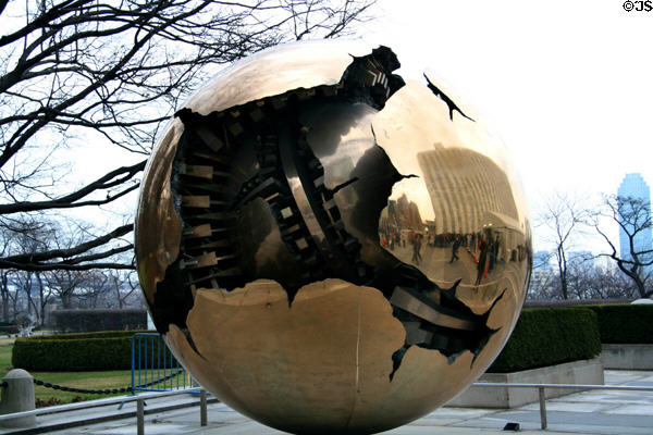 Sculpture at visitors' entrance to United Nations Plaza. New York, NY.