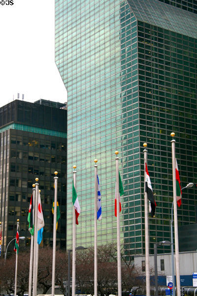 One United Nations Plaza over UN flags. New York, NY.