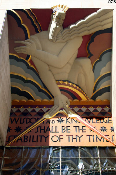 Wisdom relief (1934) by Lee Lawrie on GE Building of Rockefeller Center. New York, NY.