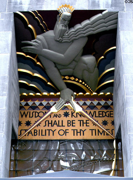 Wisdom & Knowledge Shall Be The Stability Of Thy Times (1934) relief by Lee Lawrie on GE Building of Rockefeller Center. New York, NY.