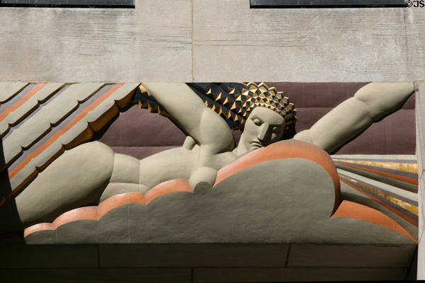 Art Deco figure of woman representing light by Lee Lawrie on GE Building of Rockefeller Center. New York, NY.