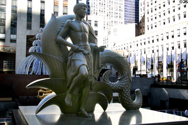 First human Youth made from clay by Prometheus sculpted by Paul Manship at Rockefeller Center. New York, NY.