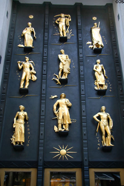 Industries of the British Commonwealth sculpture group (1933) by Carl Paul Jennewein over doors of British Empire Building of Rockefeller Center (620 Fifth Ave.). New York, NY.
