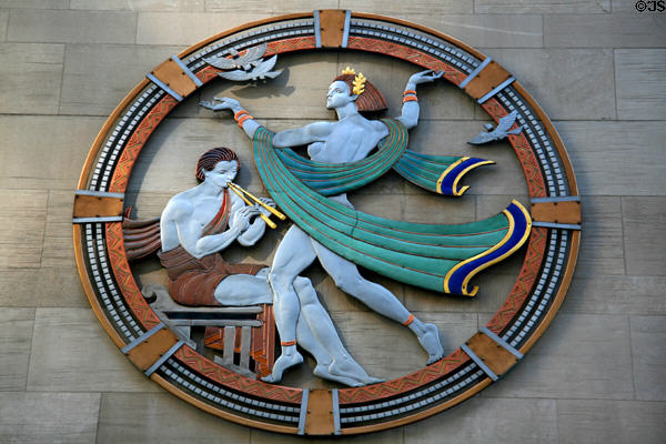 Song Art Deco medallion by Hildreth Meiere on Radio City Music Hall. New York, NY.