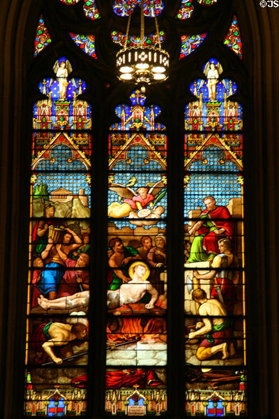 Stained glass window of St Lawrence in St Patrick's Cathedral. New York, NY.