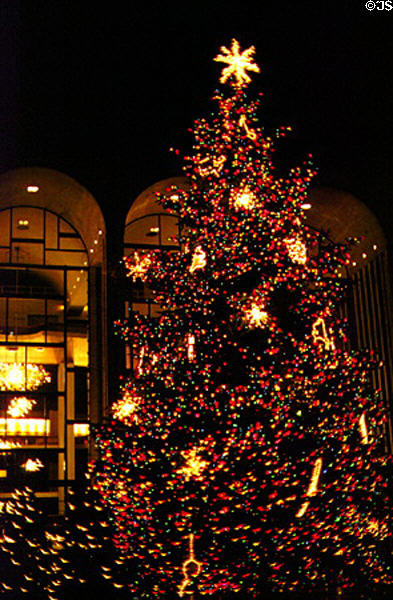 Night-time Christmas decorations at Lincoln Center Opera House. New York, NY.