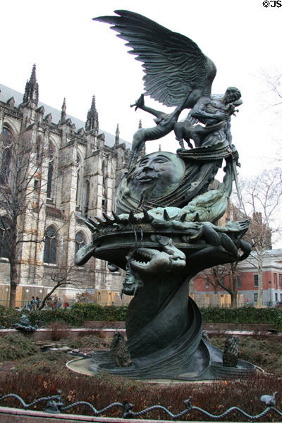 Peace Fountain (1985) by Greg Wyatt topped by Michael the Archangel casting out Satan in Children's Sculpture Garden. New York, NY.
