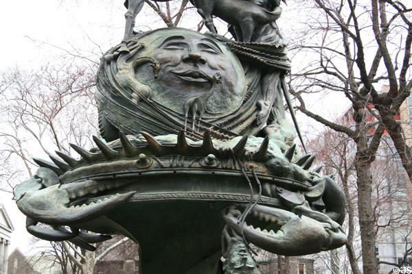 Peace Fountain (1985) by Greg Wyatt details of sun & moon in Children's Sculpture Garden. New York, NY.