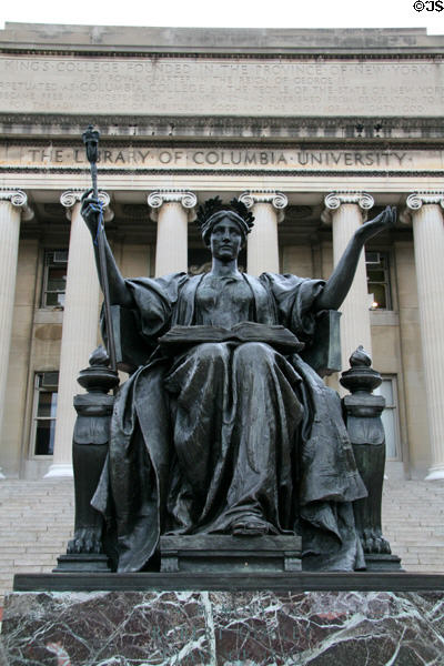 Alma Mater sculpture (1903) by Daniel Chester French at Columbia University in front of Low Library. New York, NY.