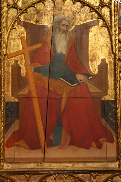 St Andrew on throne with cross detail from Life of St Andrew Retable at The Cloisters. New York, NY.