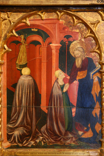 St. Andrew & woman who prayed to Diana on behalf of her sister detail from Life of St. Andrew Retable at The Cloisters. New York, NY.