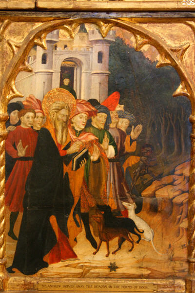 St. Andrew drives away demons in forms of dogs detail from Life of St. Andrew Retable at The Cloisters. New York, NY.