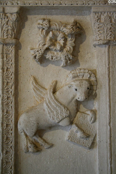 Limestone relief of winged bull of St. Luke (c1180) from San Vittorino, Italy at The Cloisters. New York, NY.