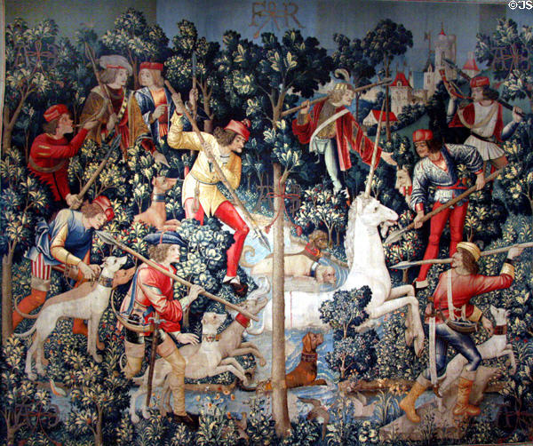 Unicorn is Attacked from the Unicorn Tapestry series (1495-1505) made in The Lowlands at The Cloisters. New York, NY.